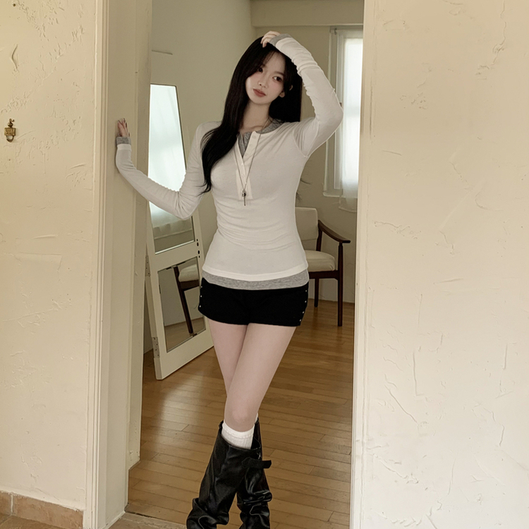 レイヤードスリムボタンスパン長袖Tシャツ(6color) IVORY