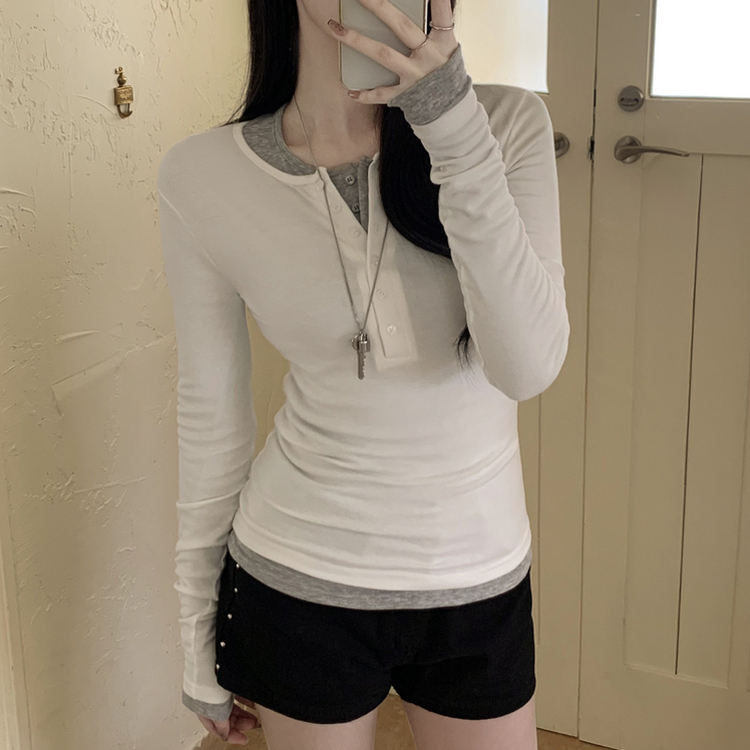 レイヤードスリムボタンスパン長袖Tシャツ(6color) IVORY