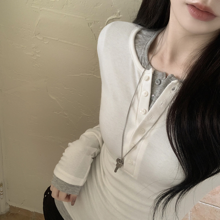 レイヤードスリムボタンスパン長袖Tシャツ(6color) IVORY