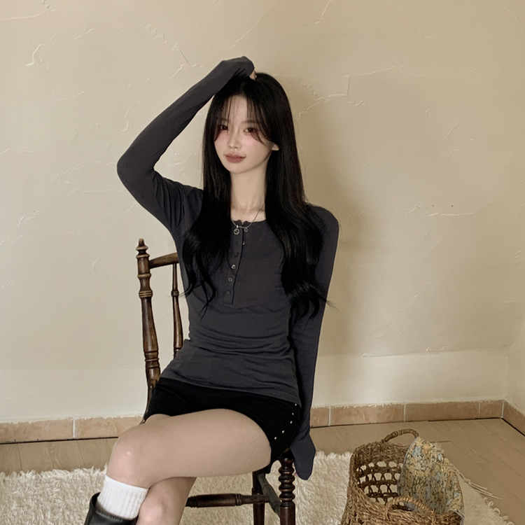 レイヤードスリムボタンスパン長袖Tシャツ(6color) CHARCOAL