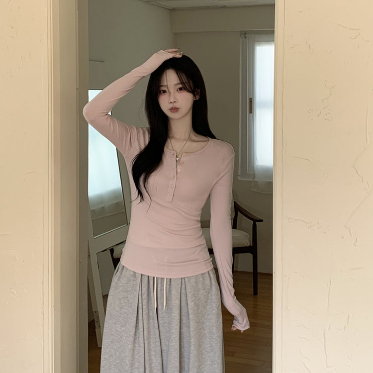 손등덮는 여리여리 헨리넥 레이어드 슬림핏 버튼 스판 긴팔티셔츠 벚꽃룩 핑크