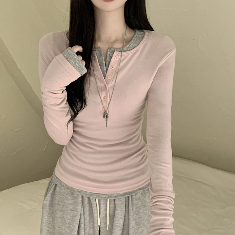 손등덮는 여리여리 헨리넥 레이어드 슬림핏 버튼 스판 긴팔티셔츠 벚꽃룩 핑크