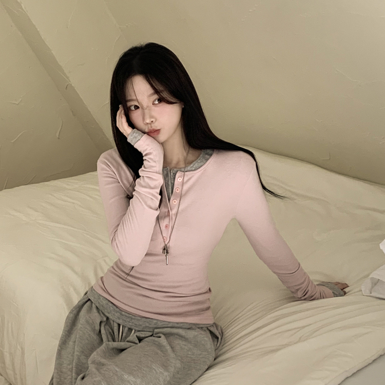 손등덮는 여리여리 헨리넥 레이어드 슬림핏 버튼 스판 긴팔티셔츠 벚꽃룩 핑크