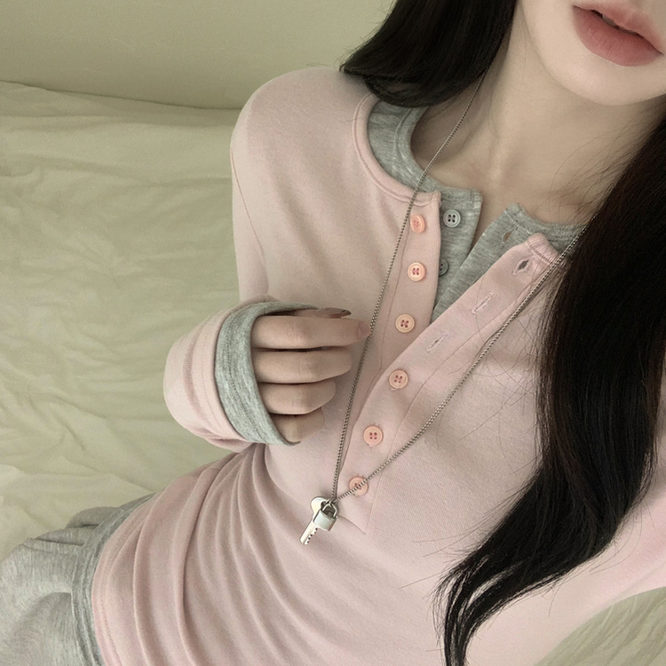 손등덮는 여리여리 헨리넥 레이어드 슬림핏 버튼 스판 긴팔티셔츠 벚꽃룩 핑크