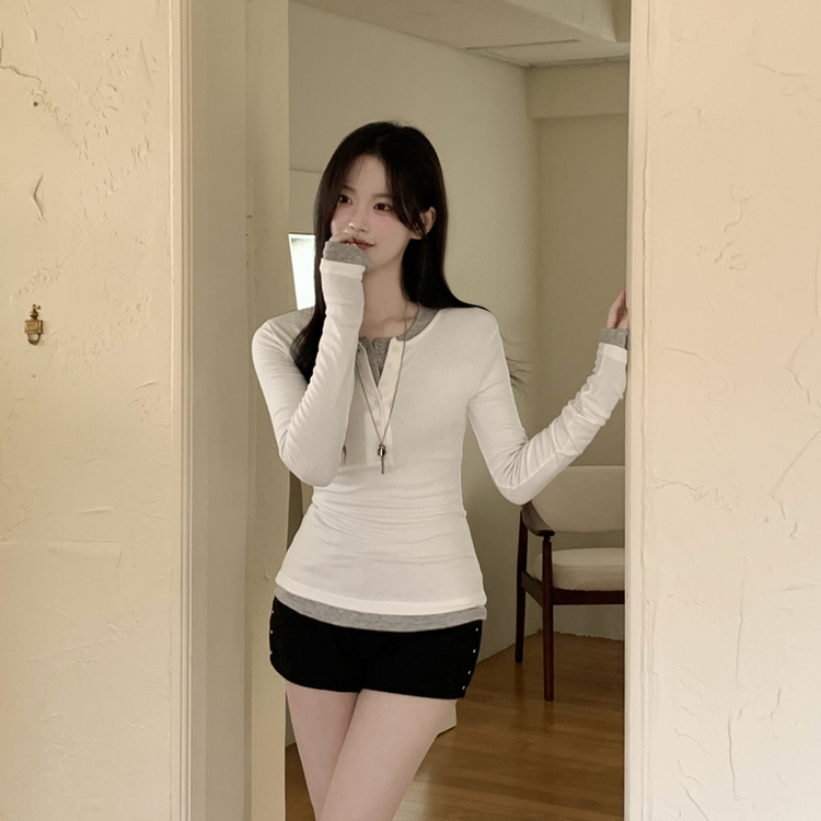 손등덮는 여리여리 헨리넥 레이어드 슬림핏 버튼 스판 긴팔티셔츠 벚꽃룩 아이보리