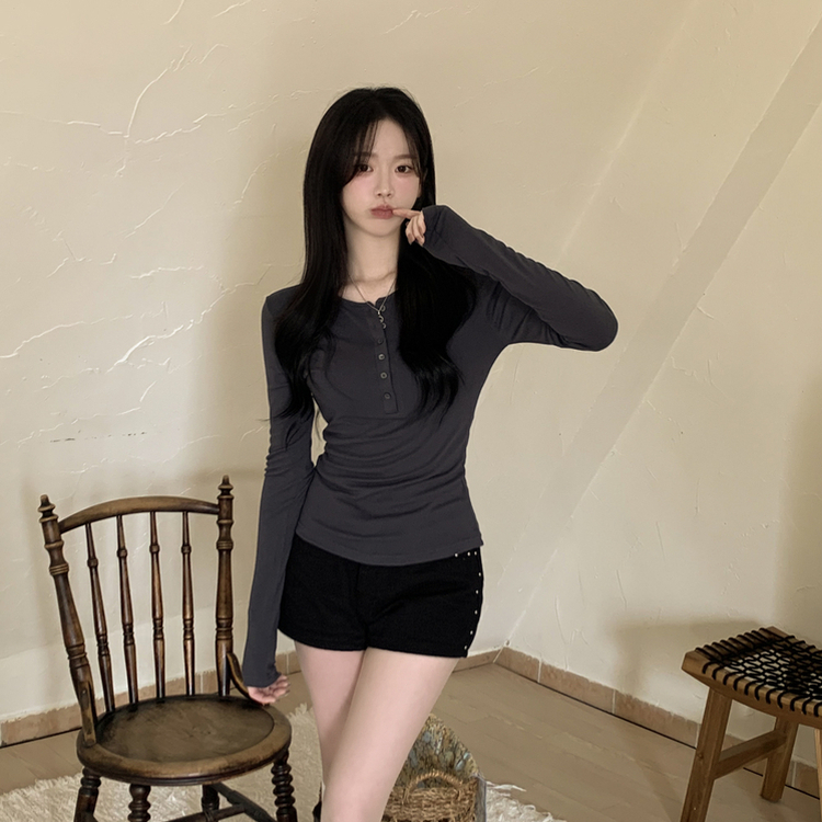 손등덮는 여리여리 헨리넥 레이어드 슬림핏 버튼 스판 긴팔티셔츠 벚꽃룩 차콜