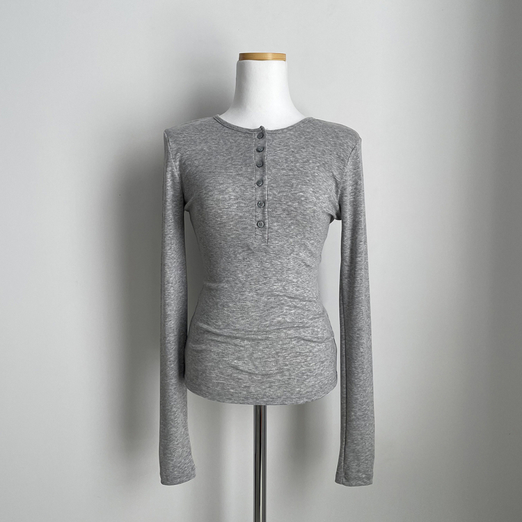 손등덮는 여리여리 헨리넥 레이어드 슬림핏 버튼 스판 긴팔티셔츠 벚꽃룩