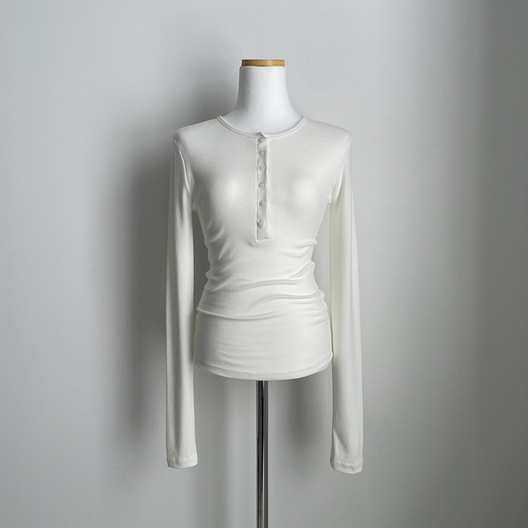 손등덮는 여리여리 헨리넥 레이어드 슬림핏 버튼 스판 긴팔티셔츠 벚꽃룩