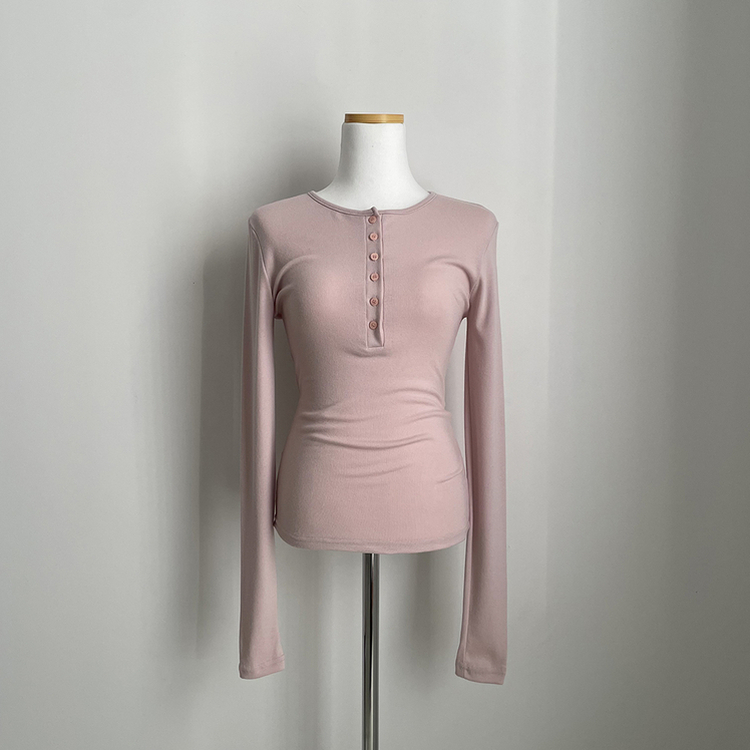 손등덮는 여리여리 헨리넥 레이어드 슬림핏 버튼 스판 긴팔티셔츠 벚꽃룩