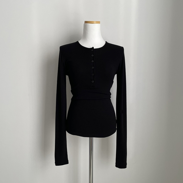 손등덮는 여리여리 헨리넥 레이어드 슬림핏 버튼 스판 긴팔티셔츠 벚꽃룩