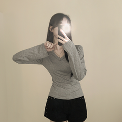 スパンVネックスリム長袖Tシャツ(6color) GREY