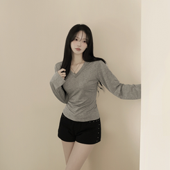 スパンVネックスリム長袖Tシャツ(6color) GREY