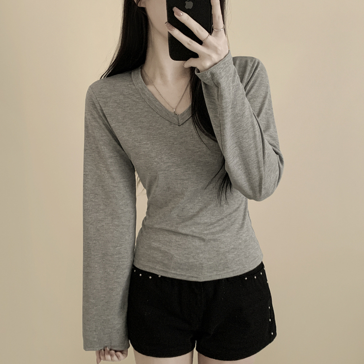 スパンVネックスリム長袖Tシャツ(6color) GREY