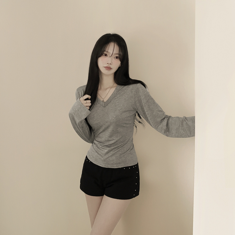 スパンVネックスリム長袖Tシャツ(6color) GREY