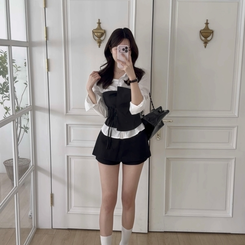 レイヤードワンオフシャツブラウス BLACK