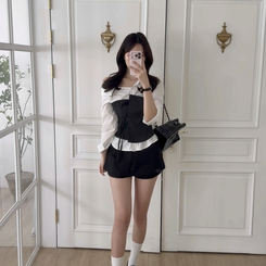 レイヤードワンオフシャツブラウス BLACK