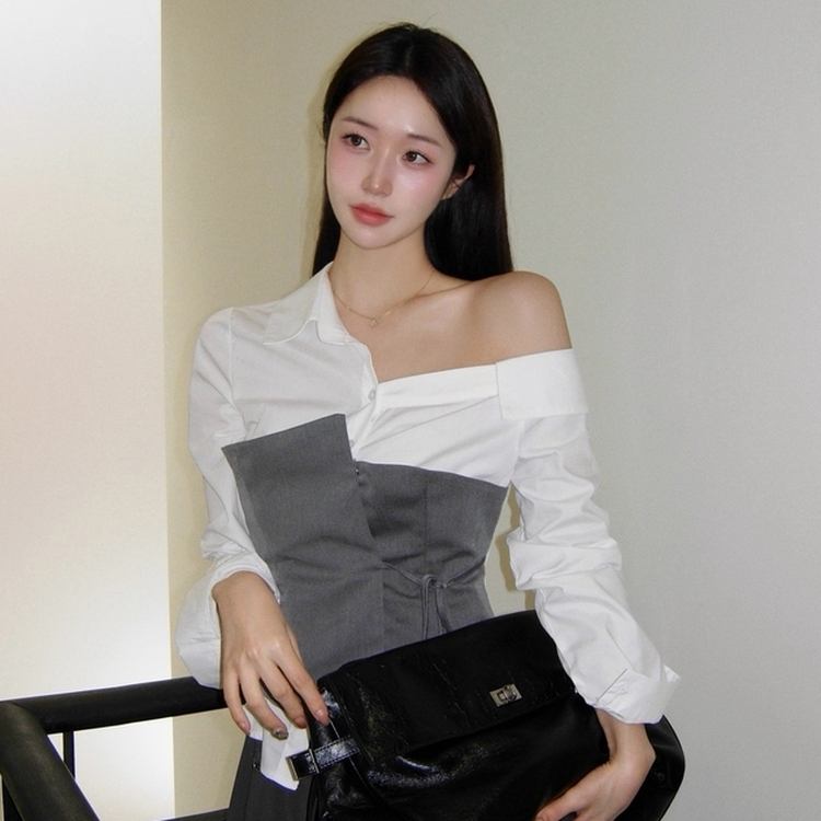 レイヤードワンオフシャツブラウス GREY