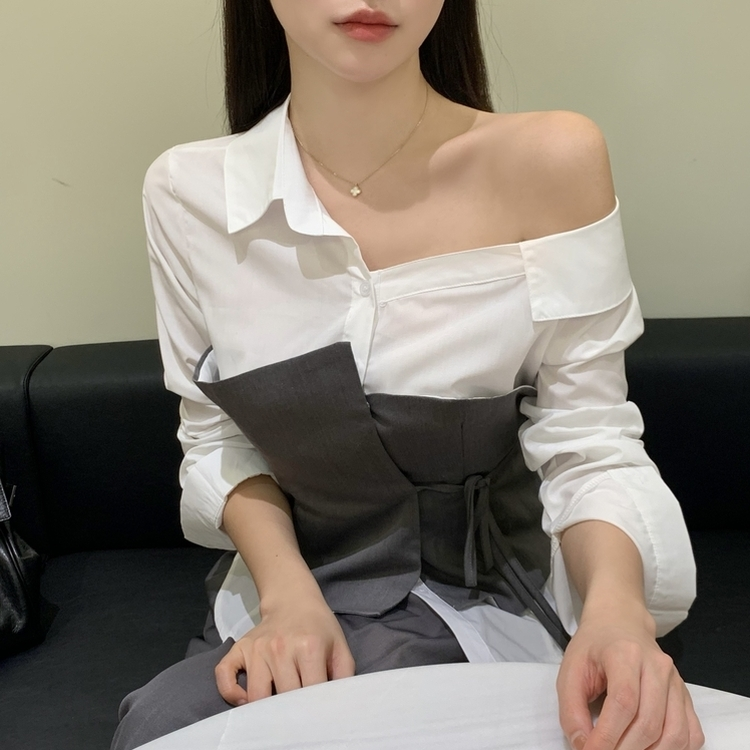 レイヤードワンオフシャツブラウス GREY