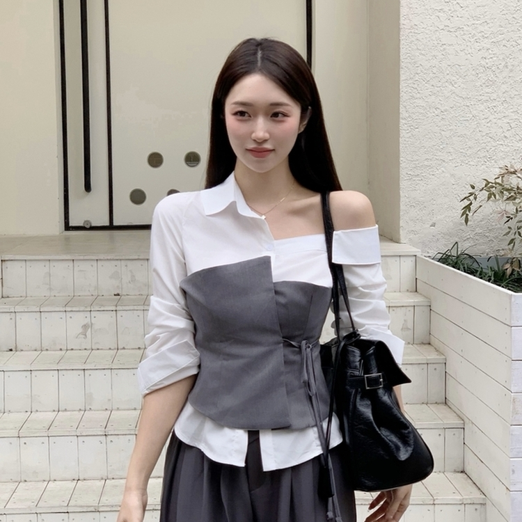 レイヤードワンオフシャツブラウス GREY