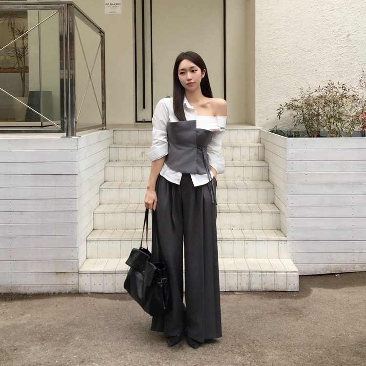 レイヤードワンオフシャツブラウス GREY