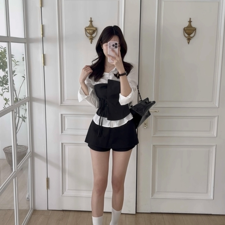 レイヤードワンオフシャツブラウス BLACK