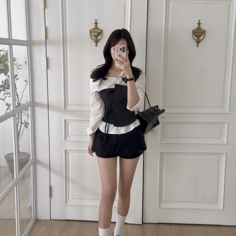 レイヤードワンオフシャツブラウス BLACK