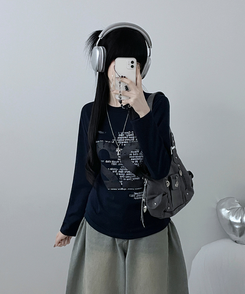 투웬티투레터링빈티지세미크롭긴팔티셔츠 네이비