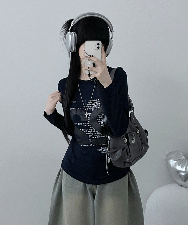 투웬티투레터링빈티지세미크롭긴팔티셔츠 네이비