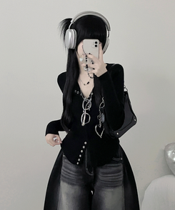 ボタンルーズスリムニットカーディガン BLACK