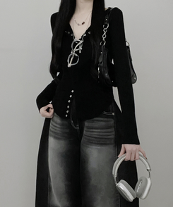 ボタンルーズスリムニットカーディガン BLACK