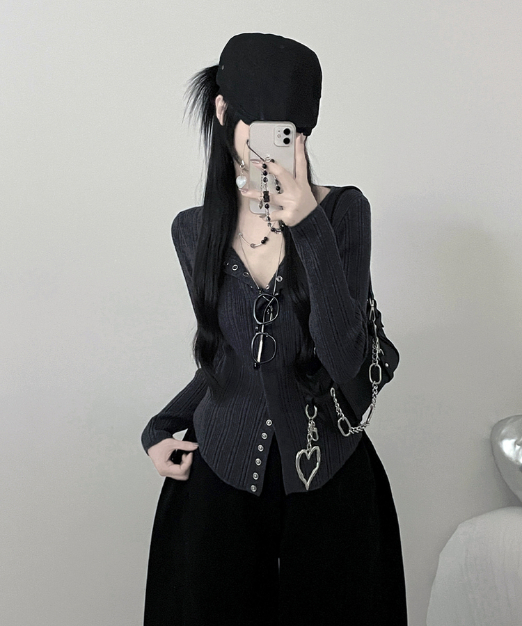 ボタンルーズスリムニットカーディガン GREY