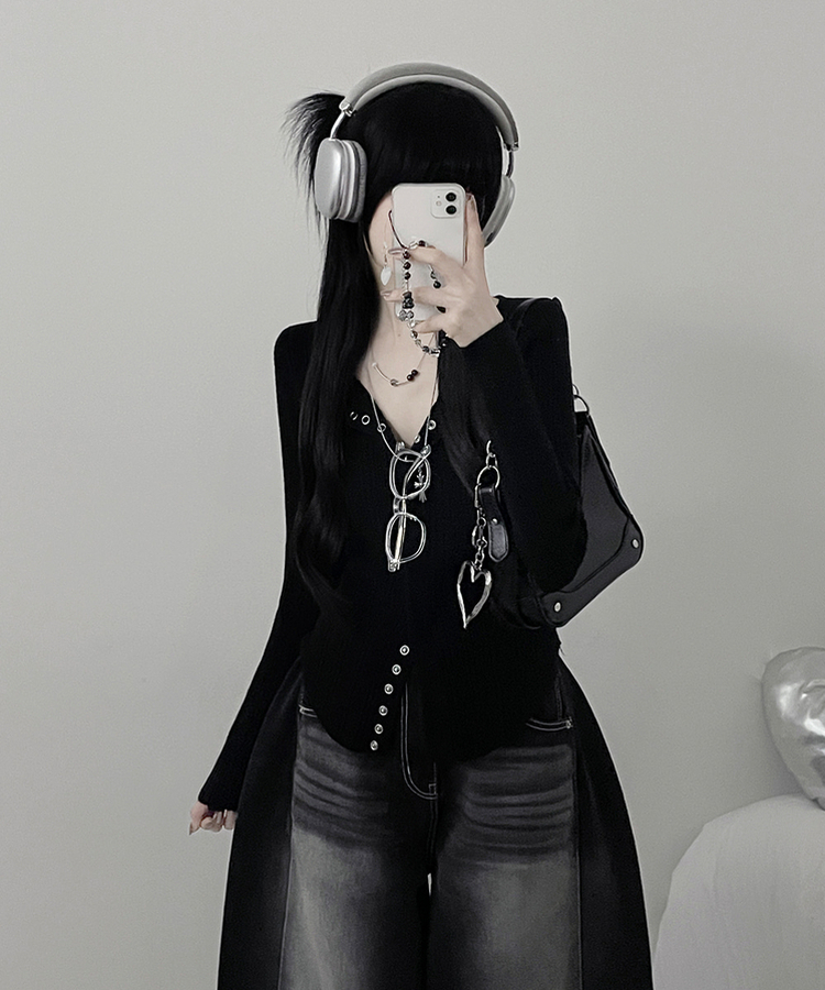 ボタンルーズスリムニットカーディガン BLACK