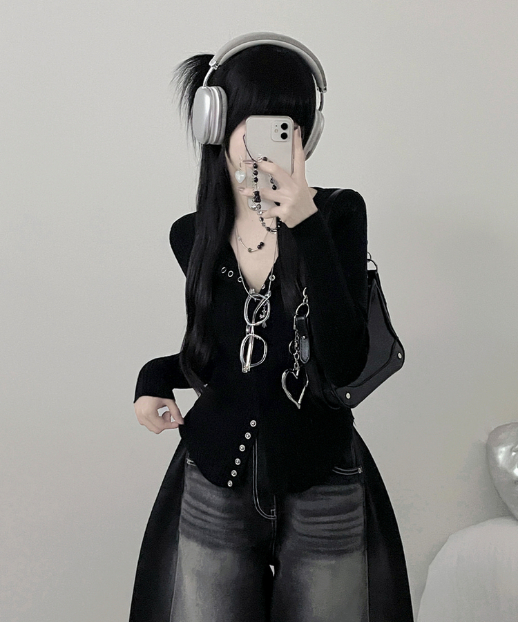 ボタンルーズスリムニットカーディガン BLACK