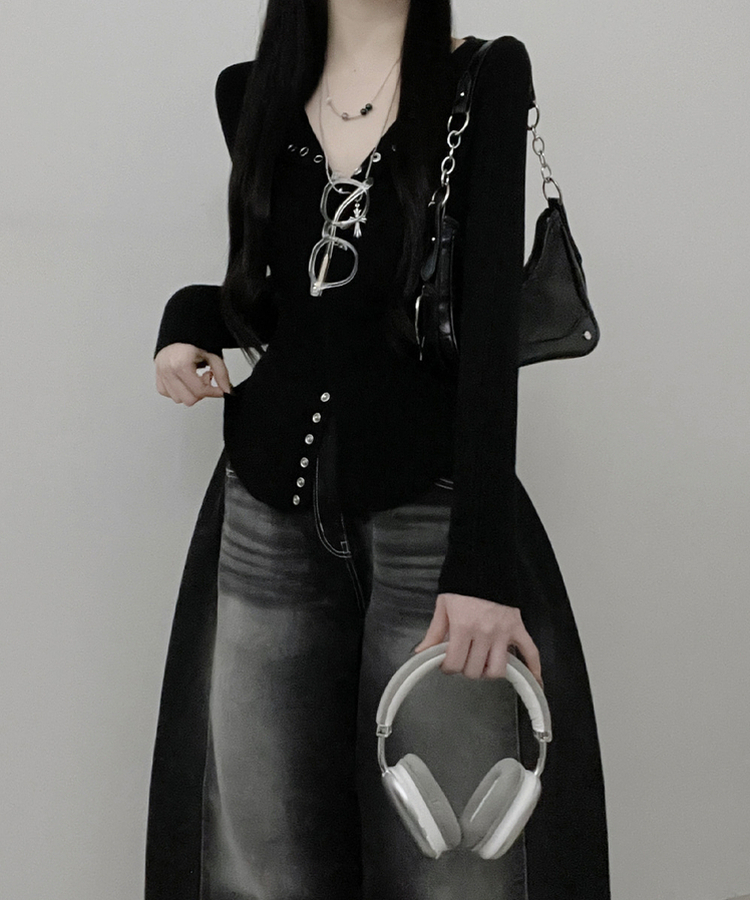 ボタンルーズスリムニットカーディガン BLACK