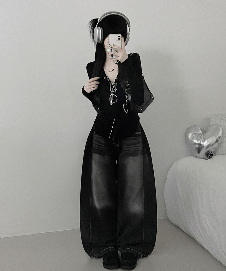 ボタンルーズスリムニットカーディガン BLACK