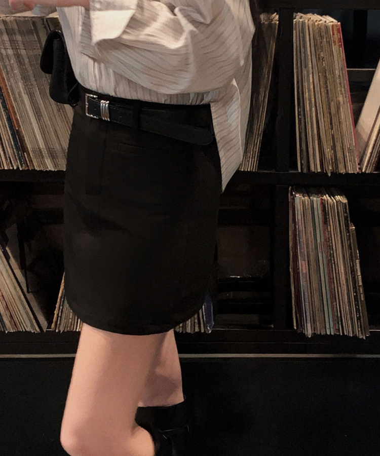 벨트SET 파이 페이크 포켓 A라인 미니 스커트 블랙
