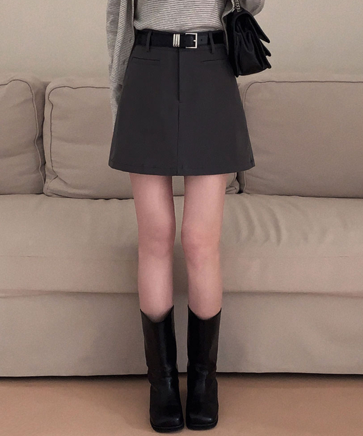 벨트SET 파이 페이크 포켓 A라인 미니 스커트 차콜