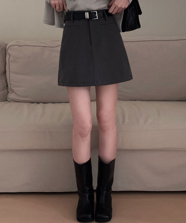 벨트SET 파이 페이크 포켓 A라인 미니 스커트 차콜