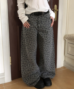 デイジーフラワーワイドデニムパンツ GREY
