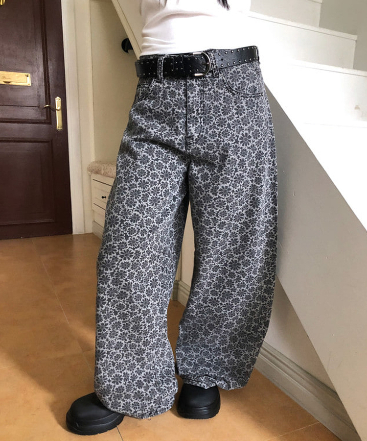 デイジーフラワーワイドデニムパンツ GREY