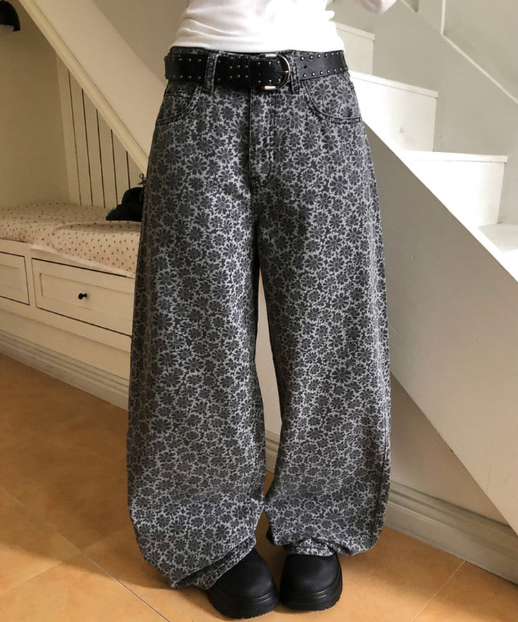 デイジーフラワーワイドデニムパンツ GREY