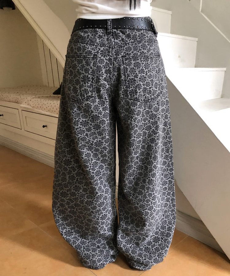 デイジーフラワーワイドデニムパンツ GREY