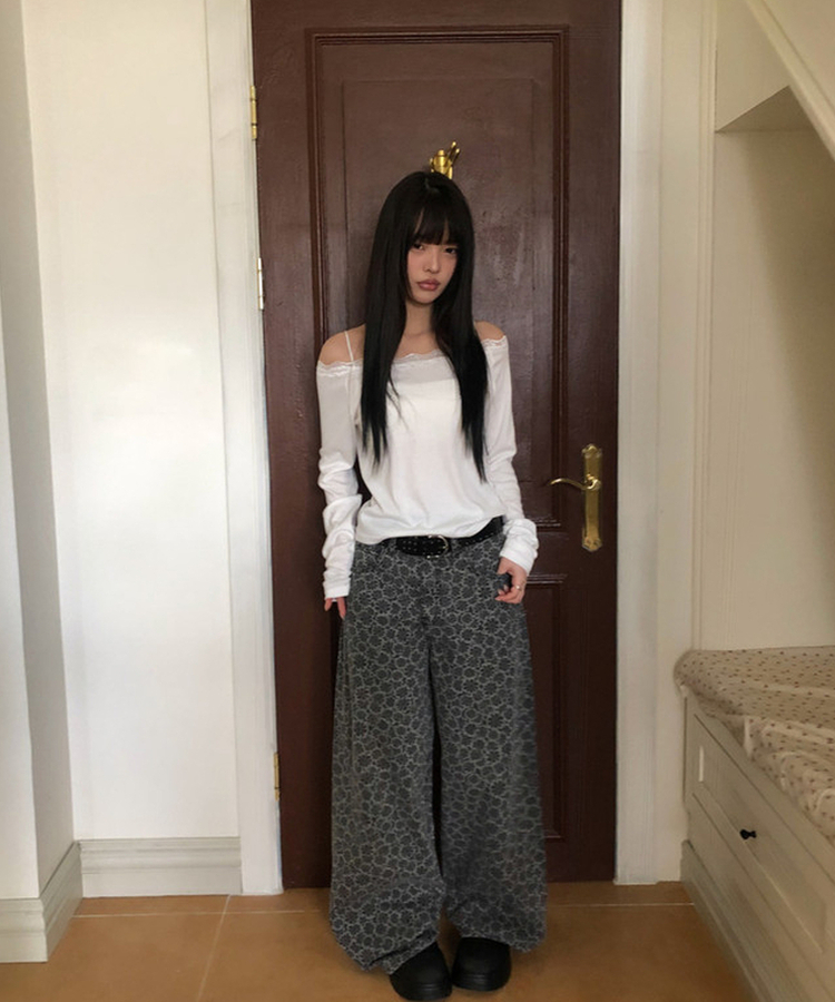 デイジーフラワーワイドデニムパンツ GREY