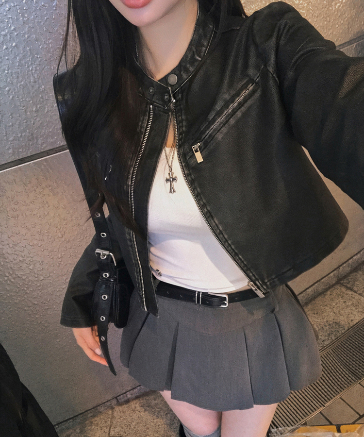 ディープムードボタンクロップレザージャケット BLACK