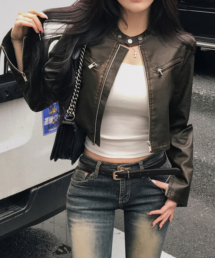 ディープムードボタンクロップレザージャケット BROWN