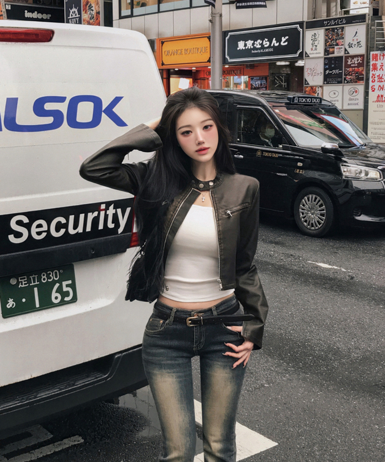 ディープムードボタンクロップレザージャケット BROWN