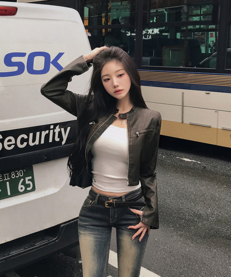 ディープムードボタンクロップレザージャケット BROWN