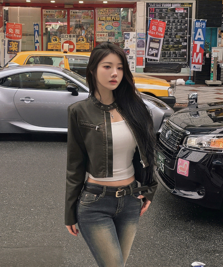 ディープムードボタンクロップレザージャケット BROWN