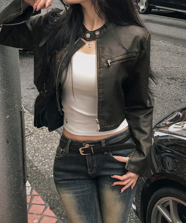 ディープムードボタンクロップレザージャケット BROWN