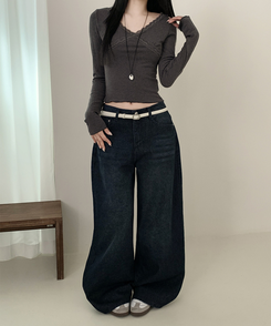 【丈別】ウォッシュワイドデニムコットンパンツ(6color) DEEP DENIM